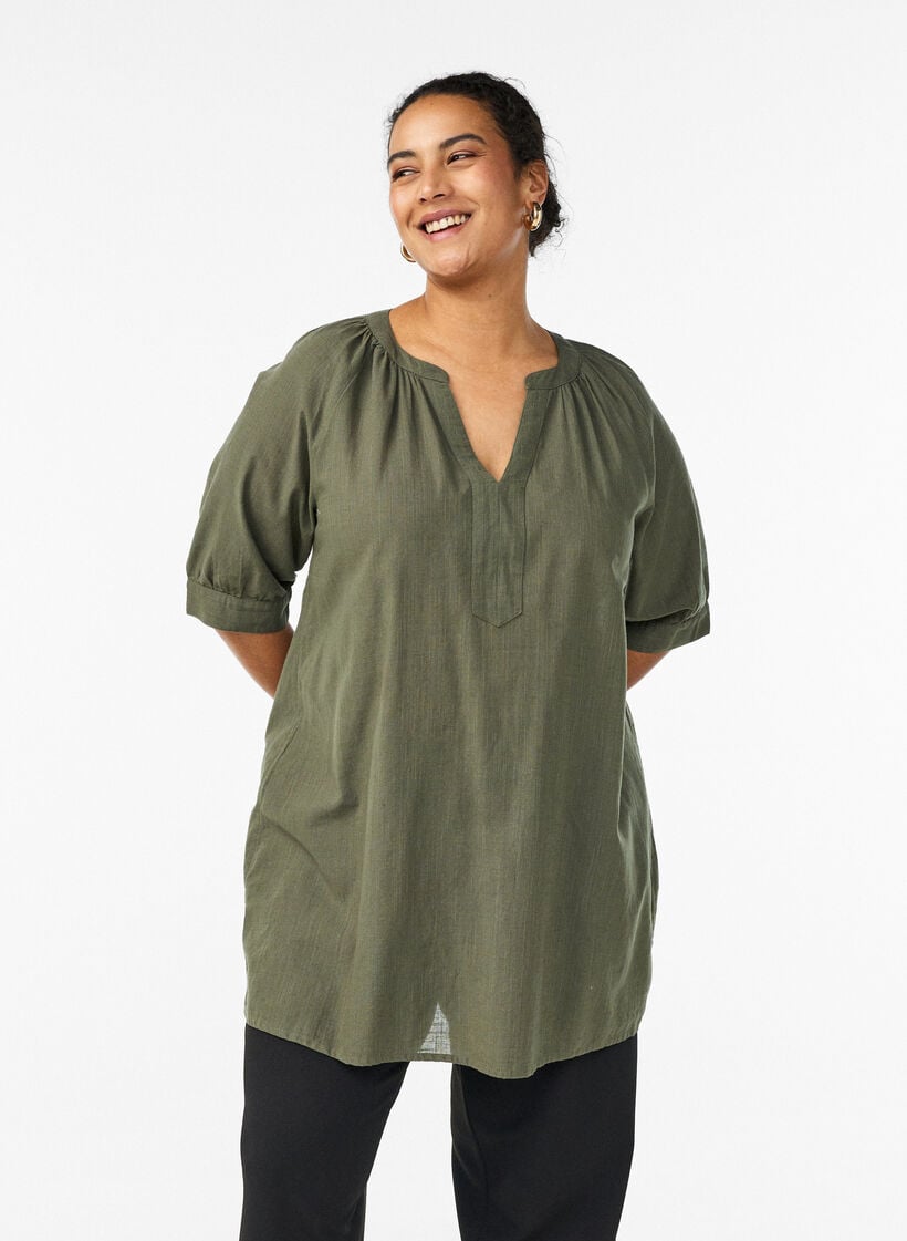 Katoenen tuniek met V-hals, Groen, Model image number 0