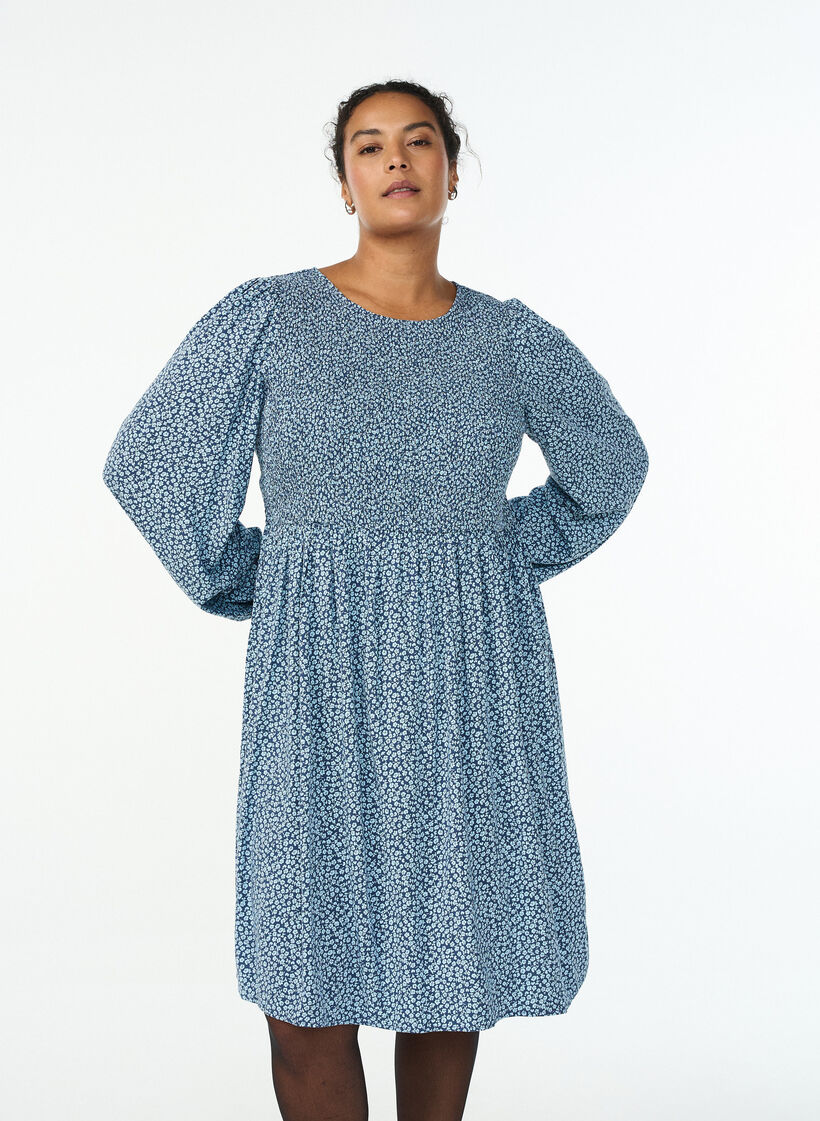 Jurk met een gesmokte top en fijn bloemetjespatroon, Blauw, Model image number 0
