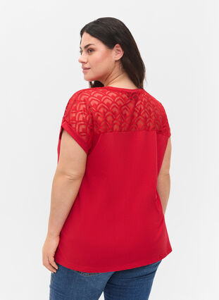 Katoenen t-shirt met korte mouwen en kant, Tango Red, Model image number 1