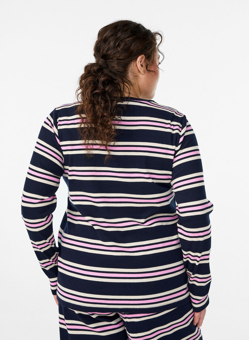 Nachtbovenstuk met lange mouwen in geribde jersey met strepen, Blauw, Model