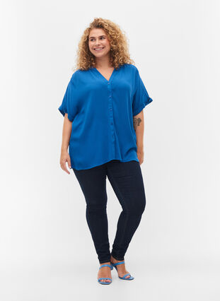 Viscose overhemd met korte mouwen en v-hals, Classic Blue, Model image number 2