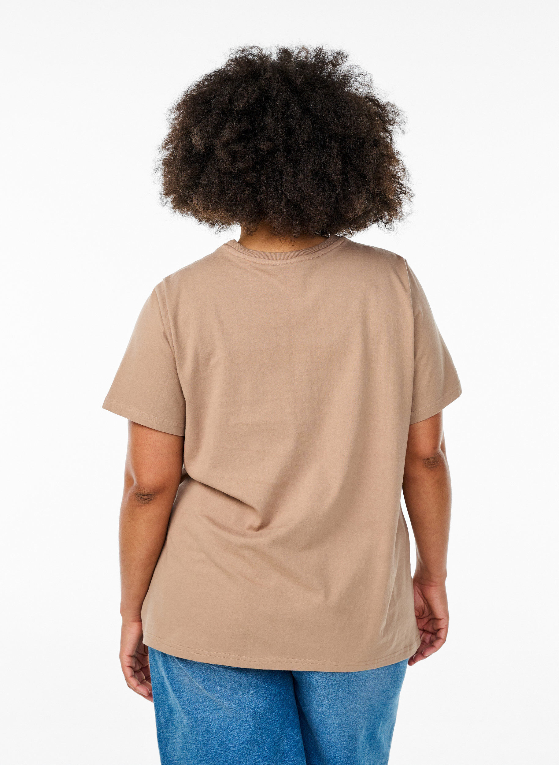 Zizzi T-shirt van biologisch katoen met statementprint, Beige, Model image number 2