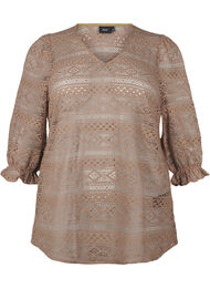 Blouse met gatenpatroon en 3/4 mouwen, Bruin