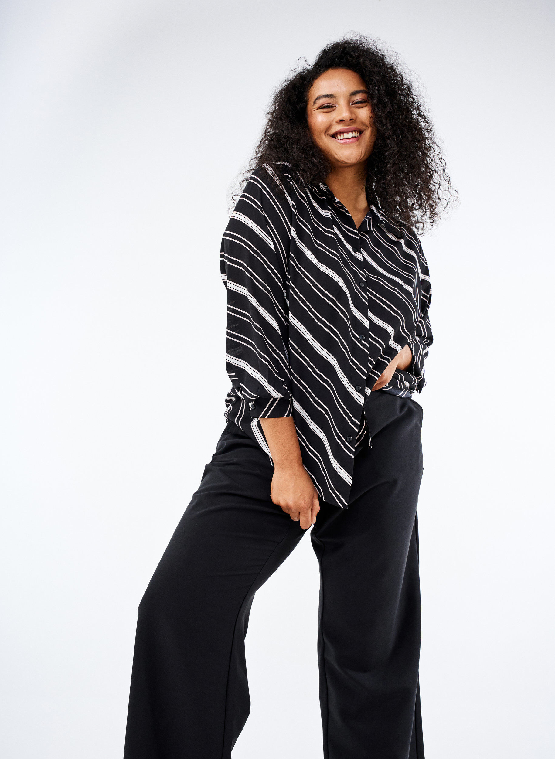 Zizzi Gestreepte shirt met lange mouwen, Black Stripe, Image image number 0