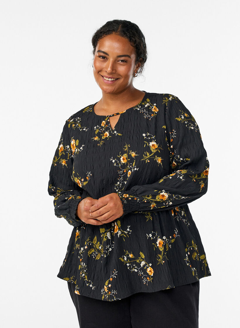 Blouse met lange mouwen en bloemenprint, Zwart, Model image number 0