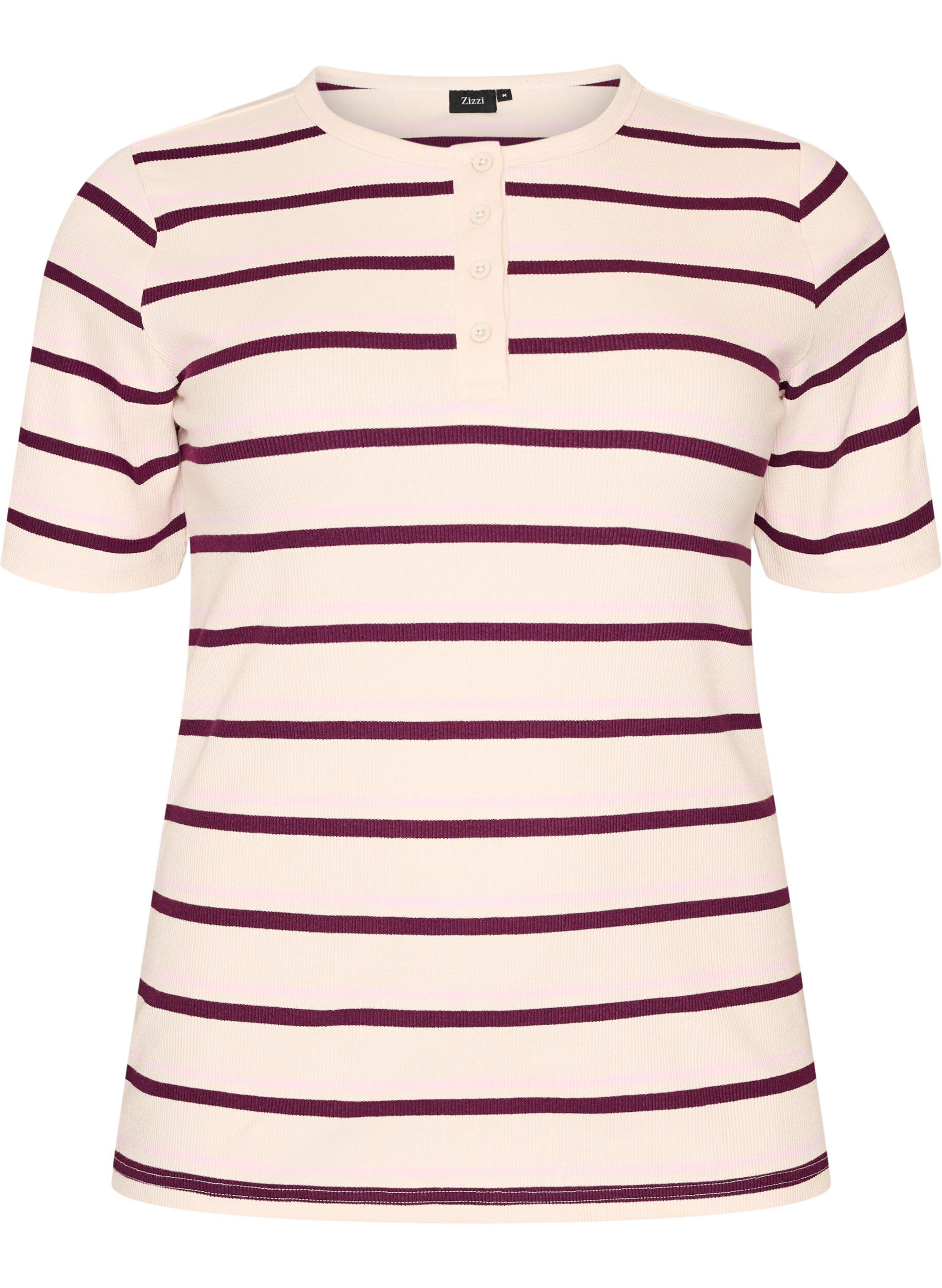 ZizziT-shirt met strepen en geribde knoopdetails, Paars, Packshot image number 0