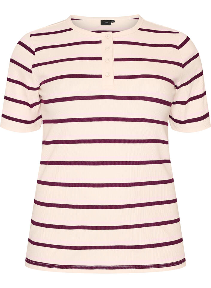 T-shirt met strepen en geribde knoopdetails, Paars, Packshot image number 0