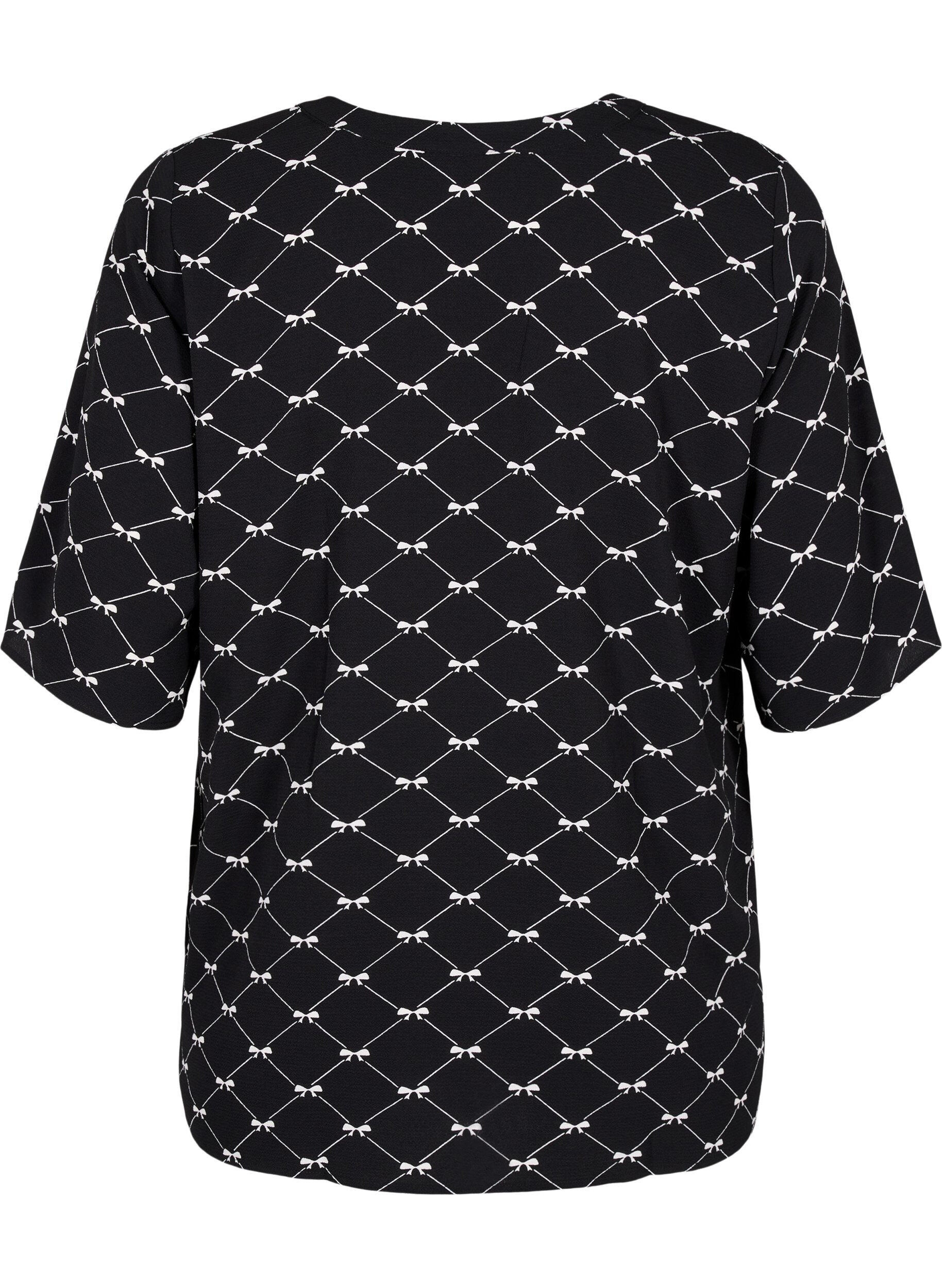 Zizzi Blouse met V-hals en strikprint, Black Bow AOP, Packshot image number 1