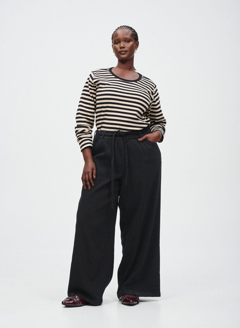 Losse pasvorm jeans met een elastische tailleband en een trekkoord, Zwart, Image