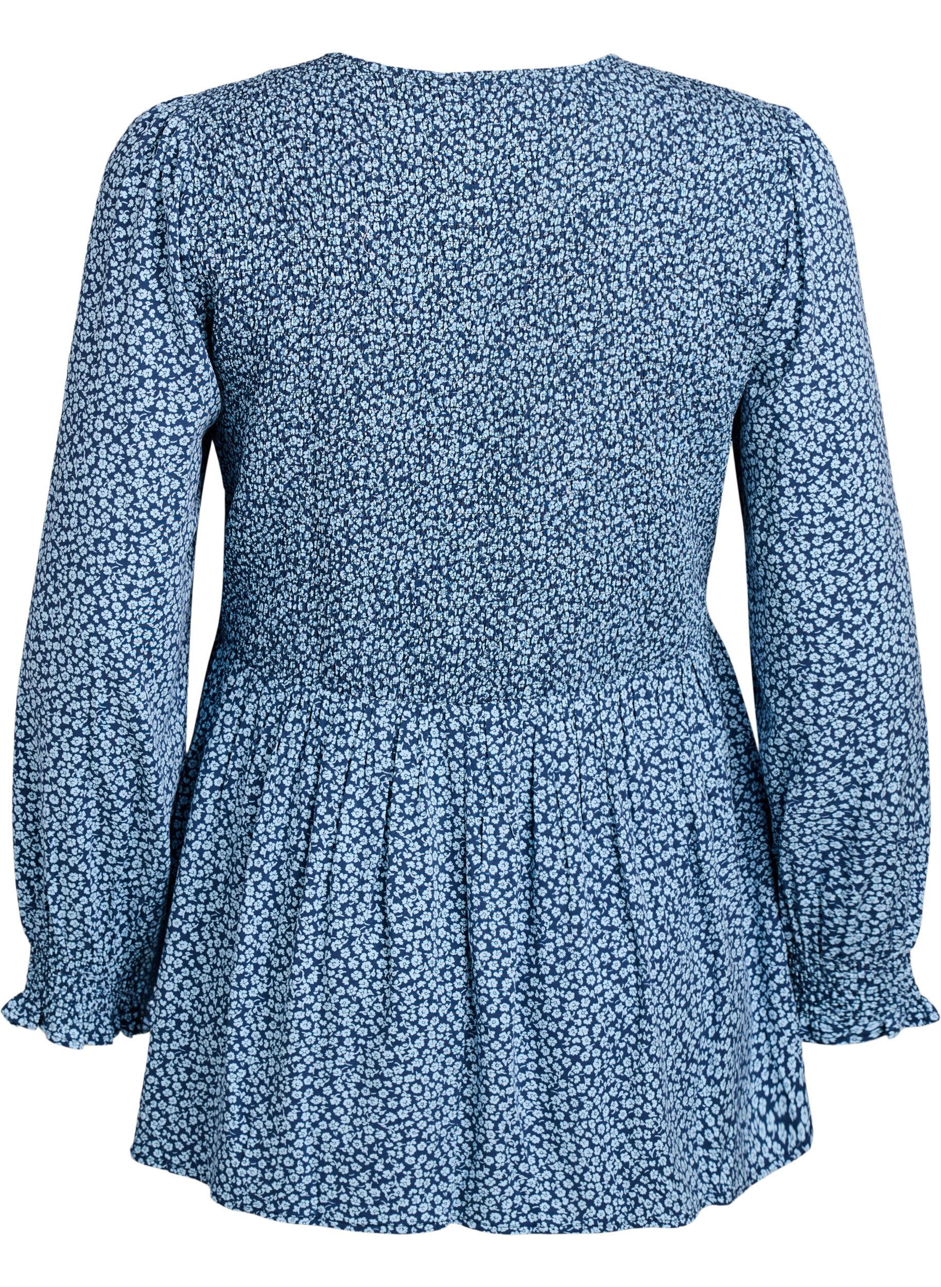 Zizzi Blouse met gesmokte top en bloemenprint, Blauw, Packshot image number 1