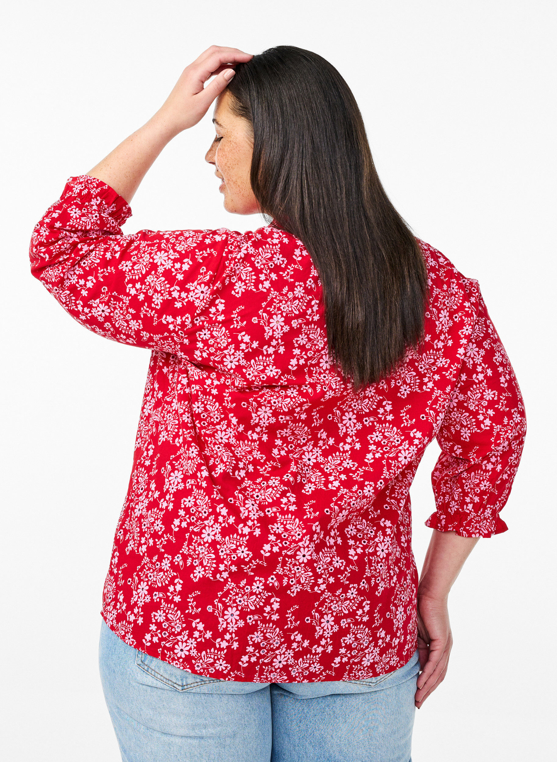 Zizzi Katoenen blouse met bloemenprint, Rood, Model image number 2