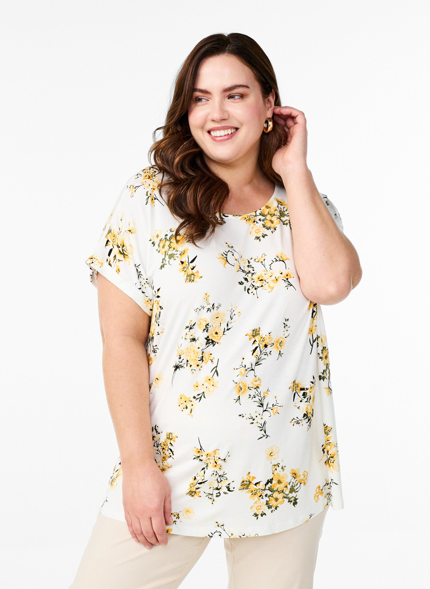 Zizzi T-shirt met bloemenprint, Geel, Model image number 0
