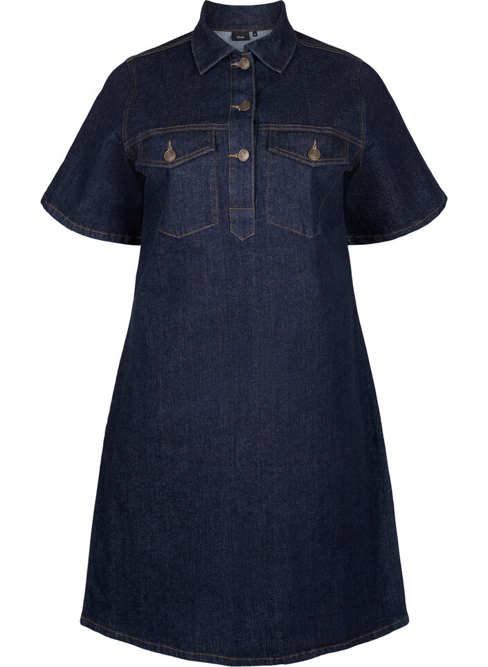 Denimjurk met korte mouwen en borstzakken, Dark Blue Denim, Packshot image number 0