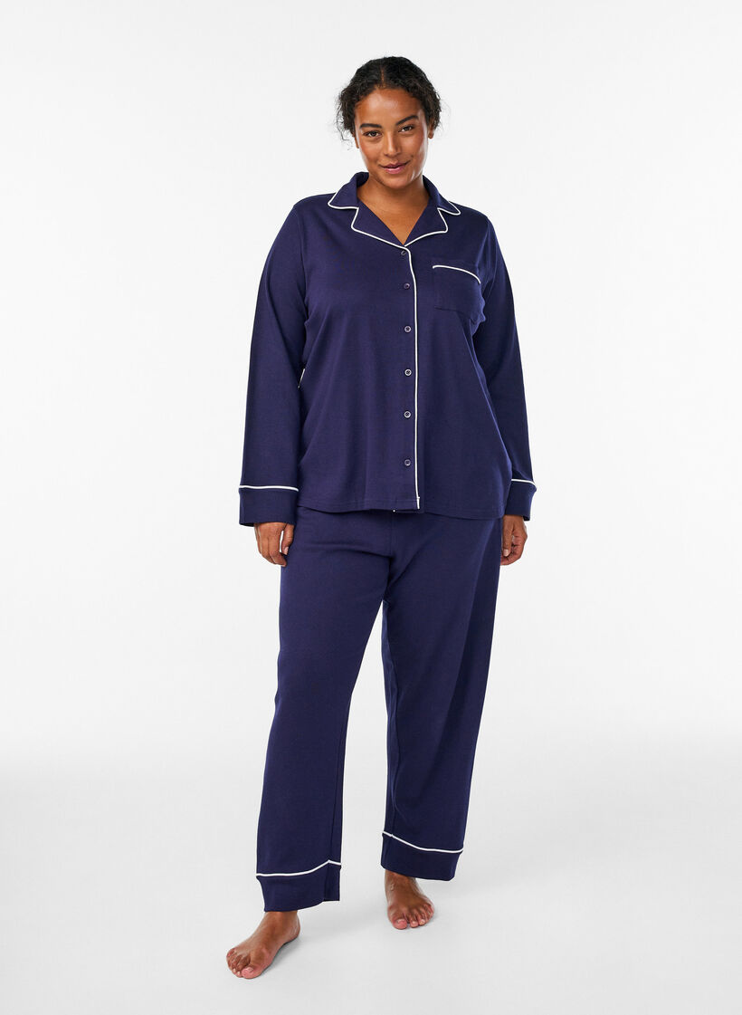 Katoenen pyjamashirt met borstzak, Blauw, Model image number 1