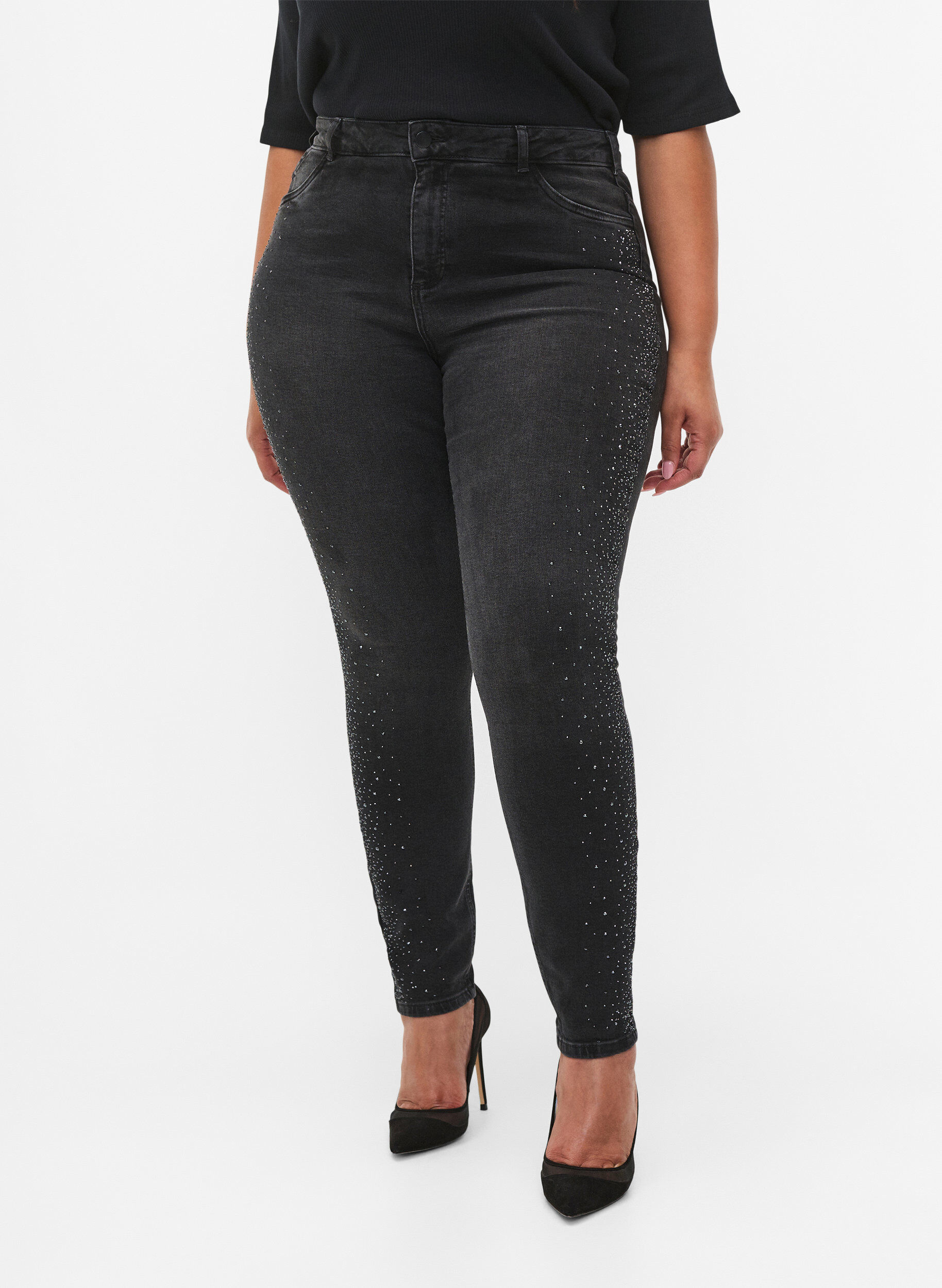 Zizzi  Amy jeans met hoge taille en strassteentjes, Grey Denim, Model image number 2
