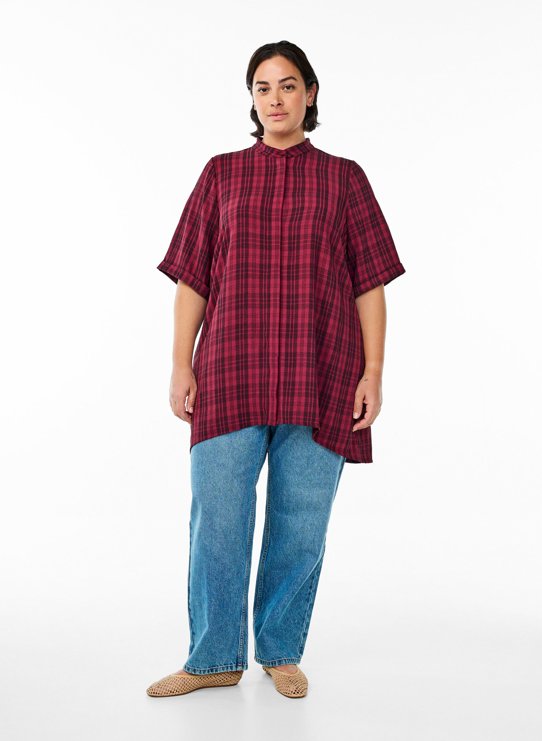 Zizzi Tuniek met korte mouwen en ruitpatroon, Donker Bordeaux, Model image number 1
