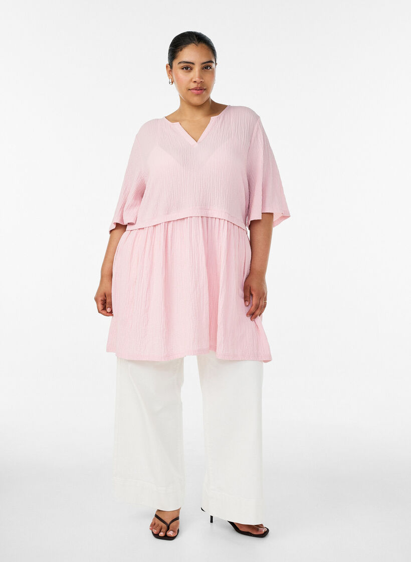 Tuniek met gekreukelde structuur en 1/2 mouwen, Roze, Model image number 1
