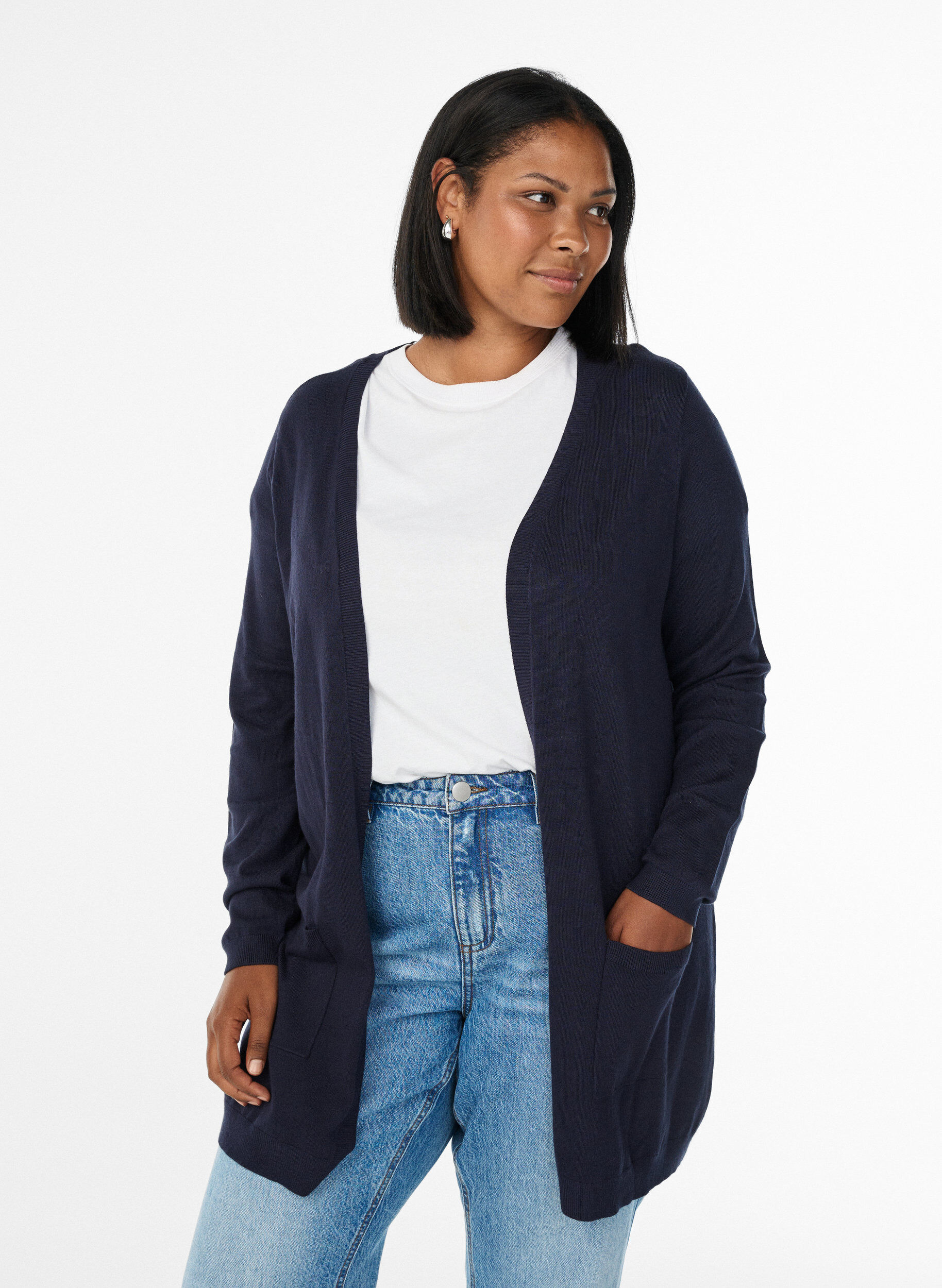 Lang gebreid vest in viscosemix, Blauw, Model