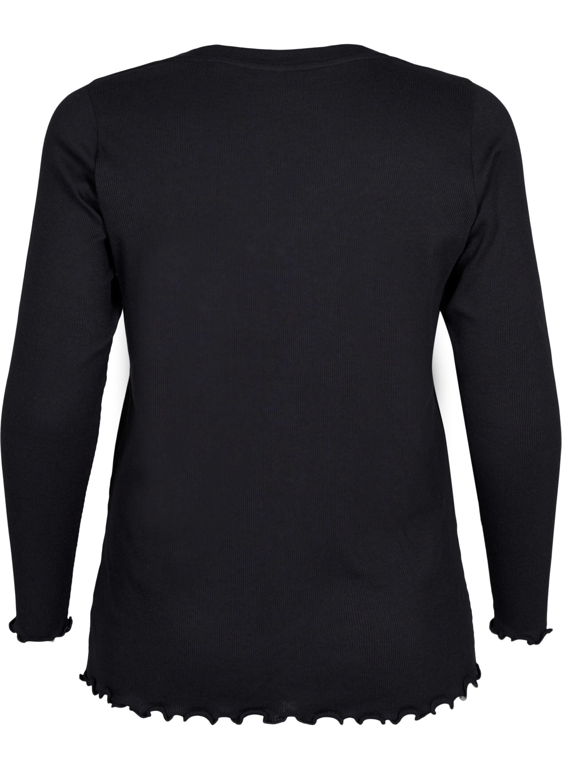 Zizzi Geribde blouse met lange mouwen en een V-hals, Black, Packshot image number 1