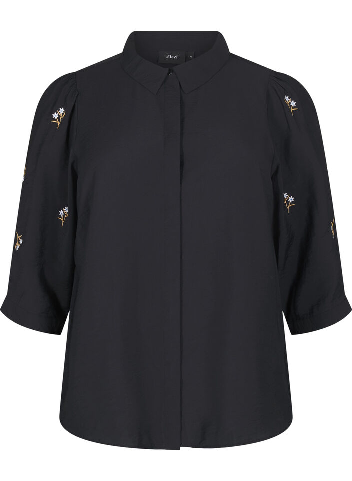 Blouse met 3/4 mouwen en bloemenborduursel, Black, Packshot image number 0