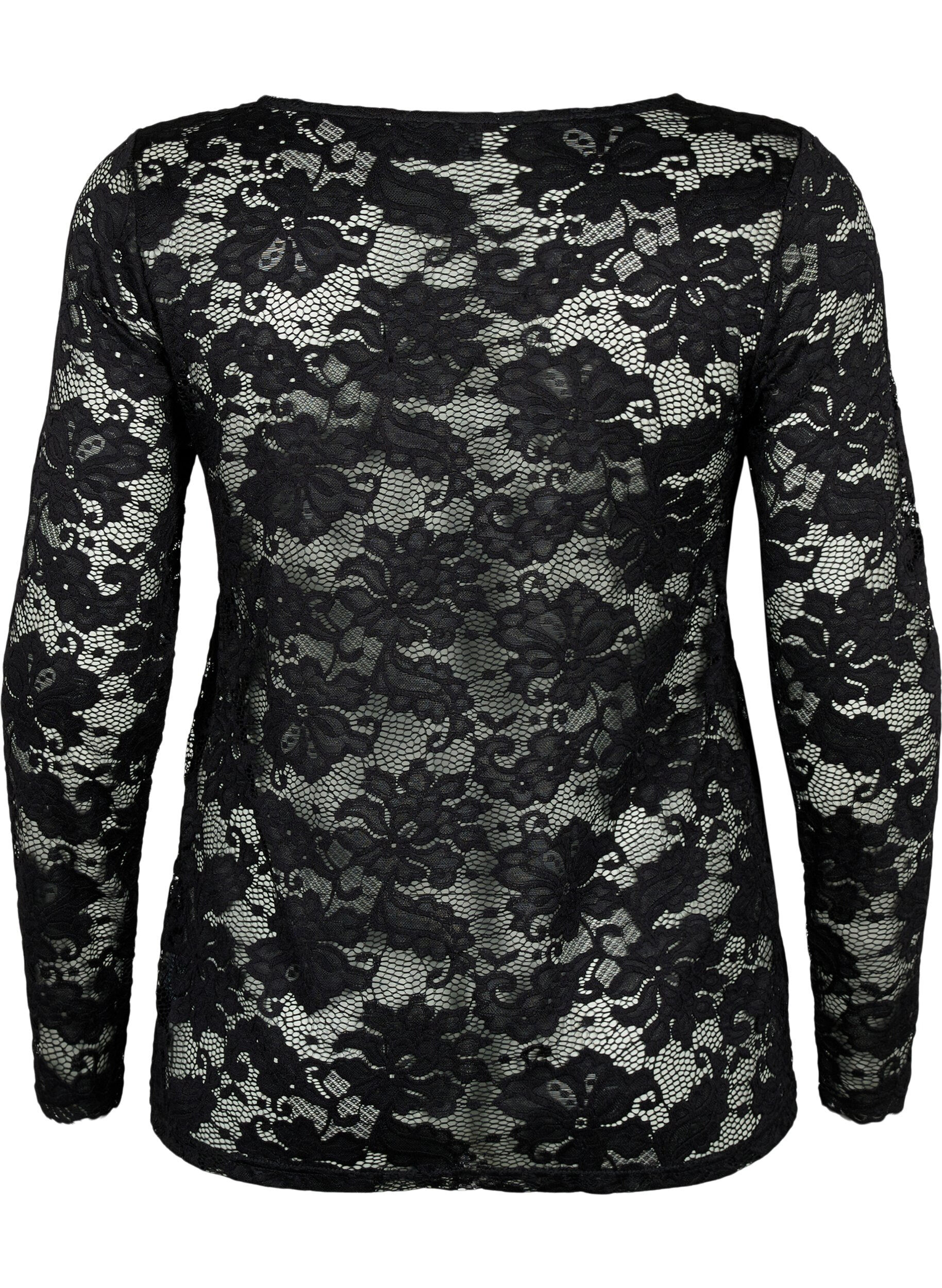 Zizzi Kanten blouse met V-hals en lange mouw, Black, Packshot image number 1