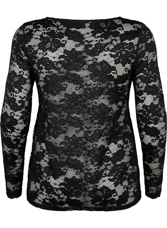 Kanten blouse met V-hals en lange mouw, Black, Packshot image number 1