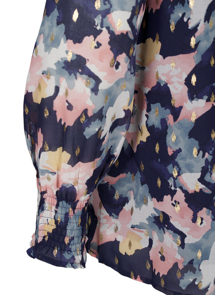 Gebloemde blouse met lange mouwen en V-hals, Night Sky AOP Flower, Packshot image number 3