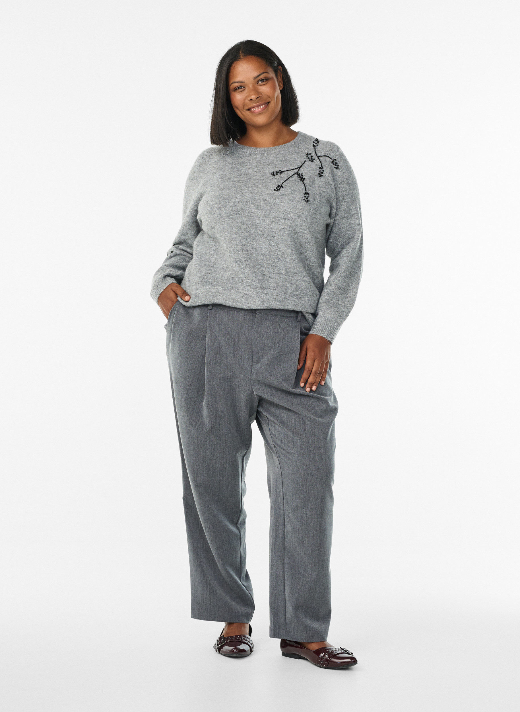 Zizzi Trui met parelborduursel, Grijs, Model image number 1