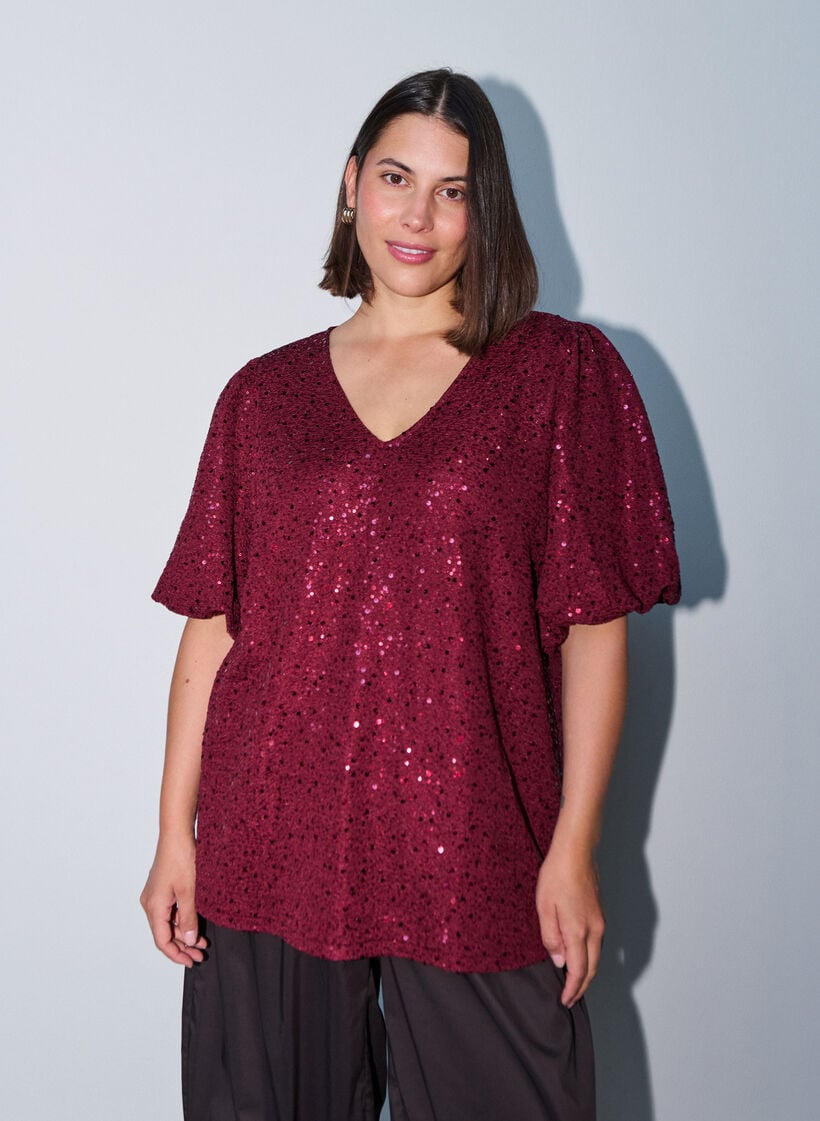 Blouse met pailletten en ballonmouwen, Rood, Model image number 0