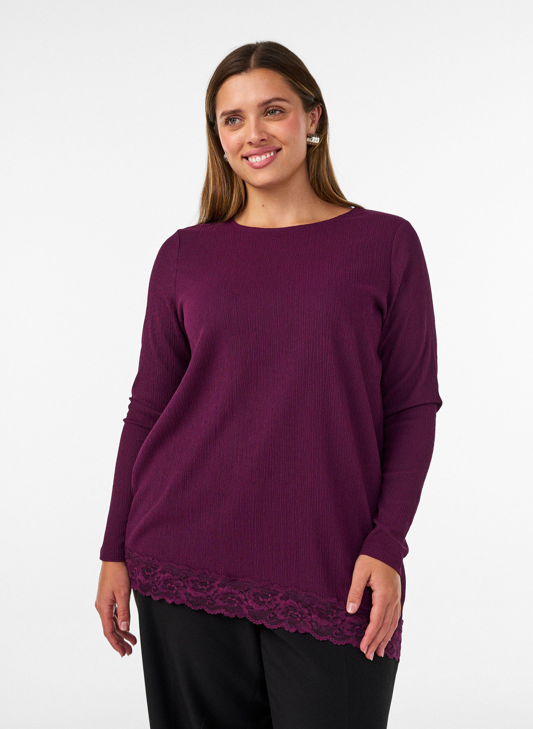 ZizziJersey blouse met asymmetrische kanten rand, Paars, Model image number 0