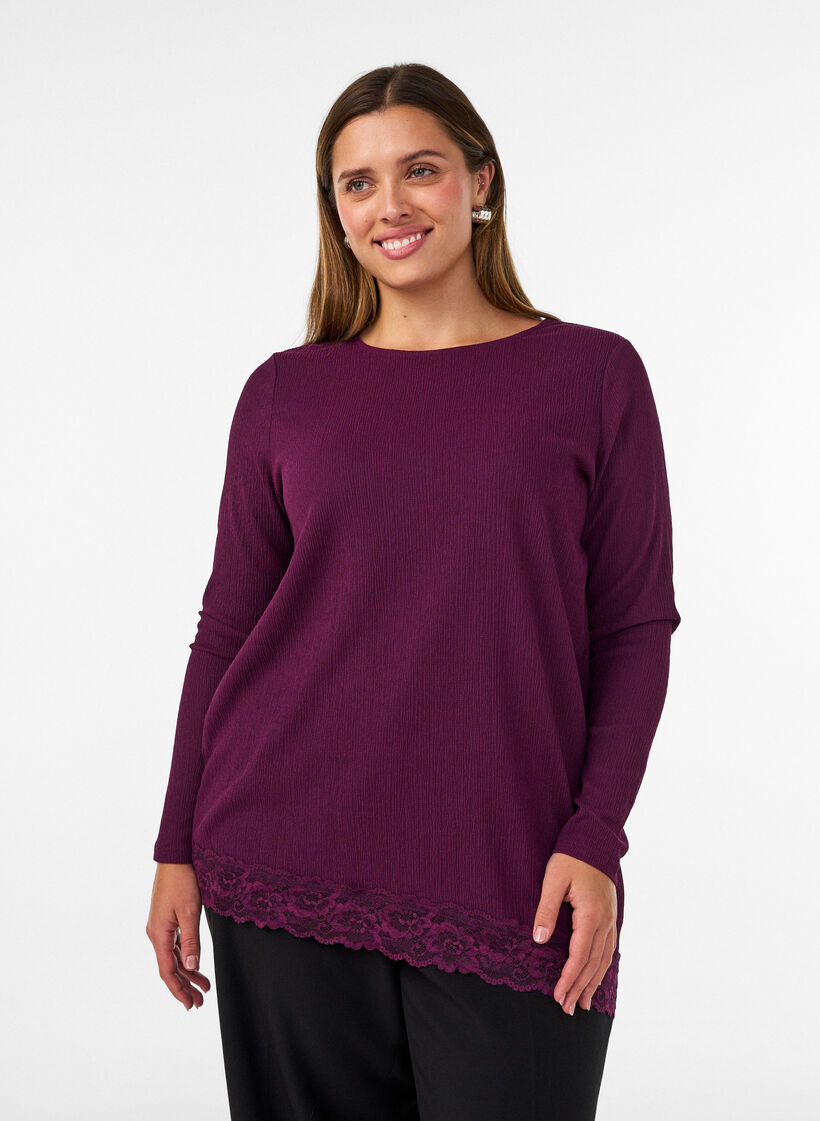 Jersey blouse met asymmetrische kanten rand, Paars, Model image number 0