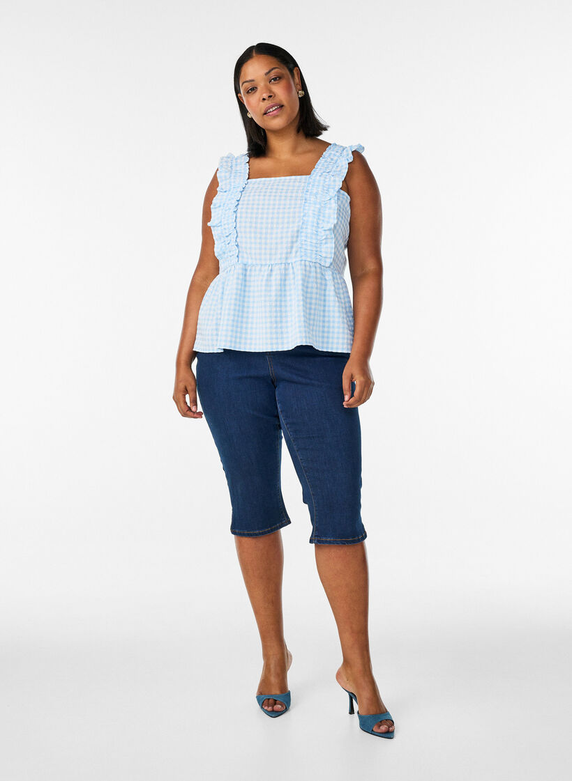 Top met ruitjes en ruchesdetails, Blauw, Model