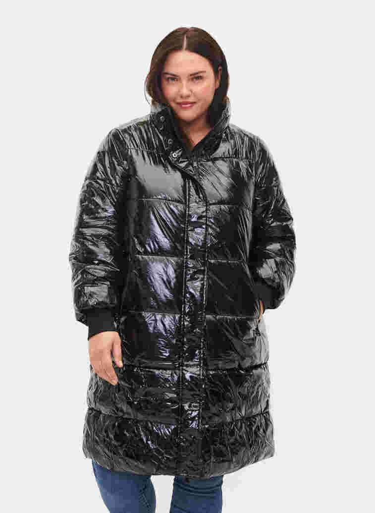 Glanzende winterjas met rits- en knoopsluiting, Black, Model