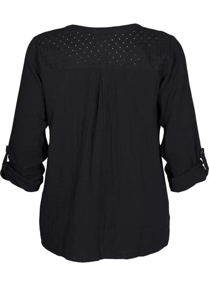 Katoenen blouse met broderie anglaise en 3/4 mouwen, Black, Packshot image number 1