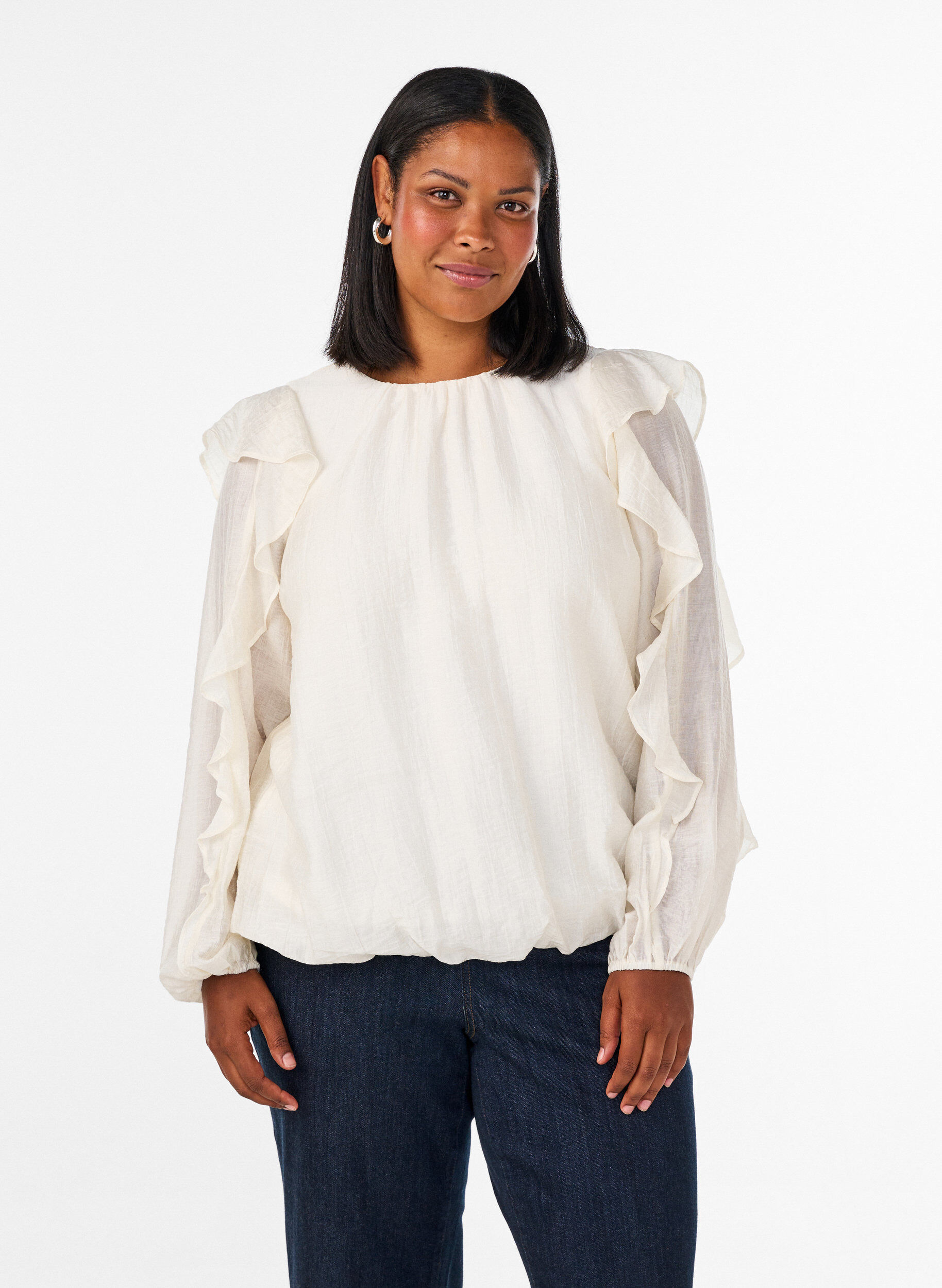 Blouse met ruches en ballonvorm, Vanille, Model