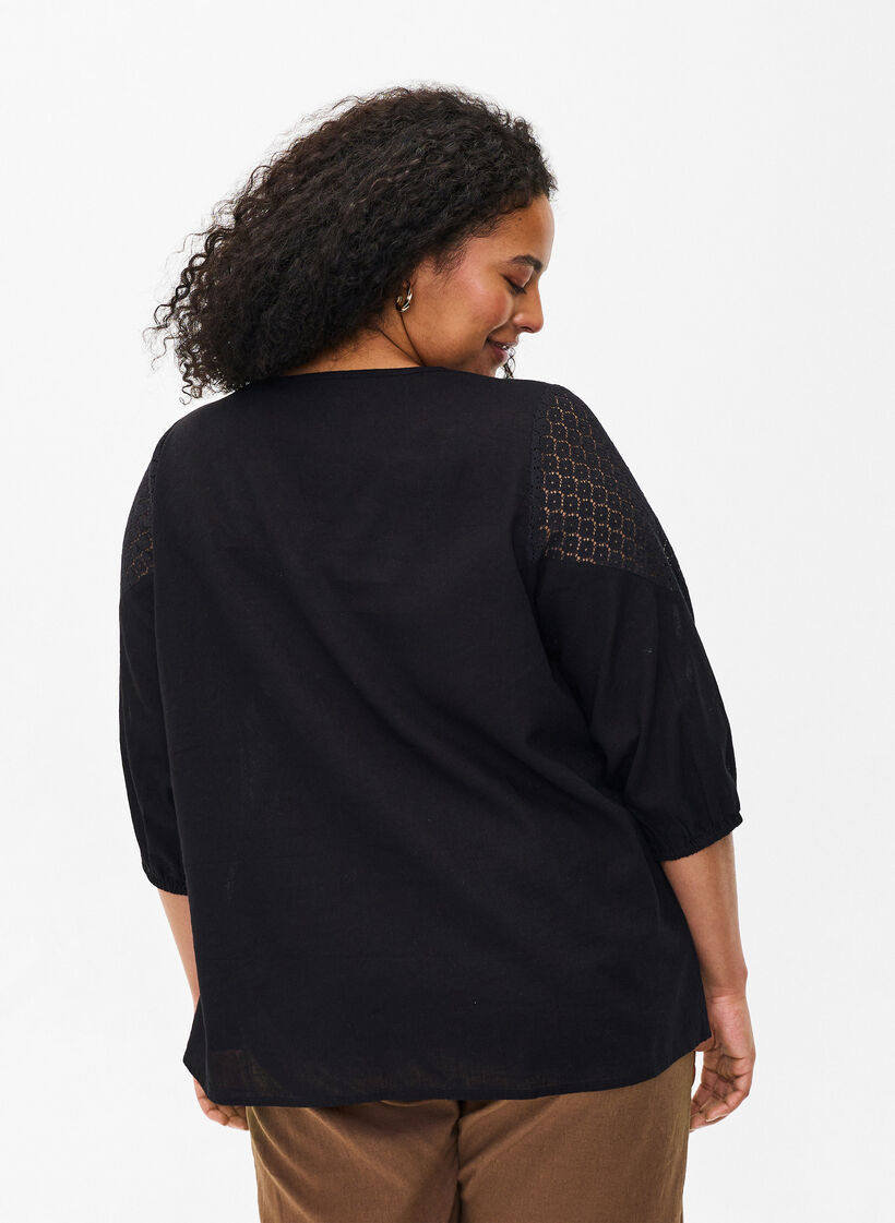 Blouse van katoenmix met linnen en gehaakt detail, Black, Model image number 1