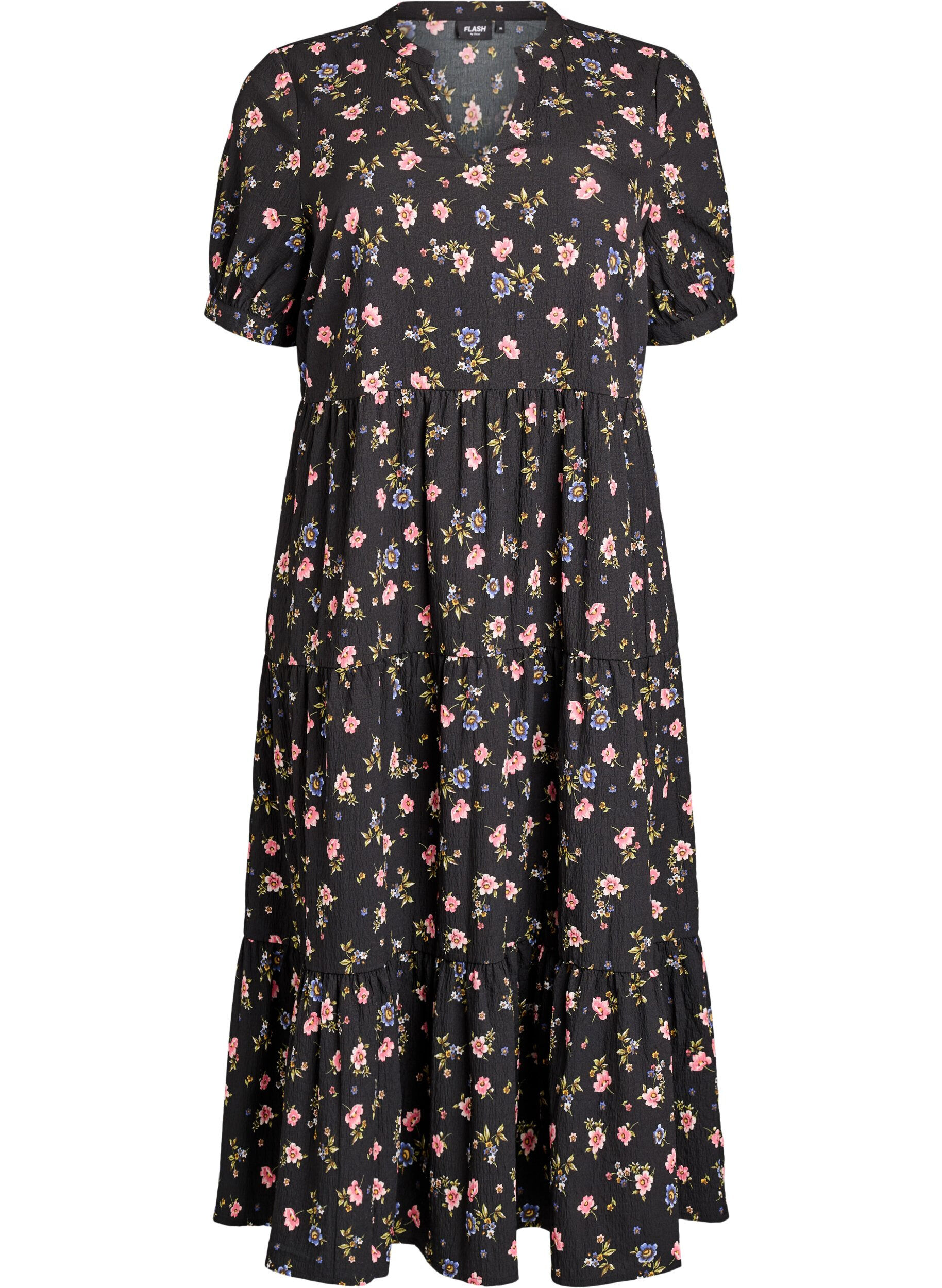 ZizziEnkellange jurk met korte mouwen en gelaagde ruches, Zwart, Packshot image number 0