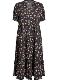 Enkellange jurk met korte mouwen en gelaagde ruches, Zwart