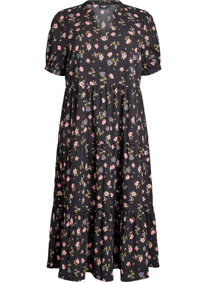 Enkellange jurk met korte mouwen en gelaagde ruches, Zwart, Packshot image number 0