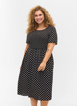 Viscose jurk met print en smokwerk, Black Dot, Model image number 0