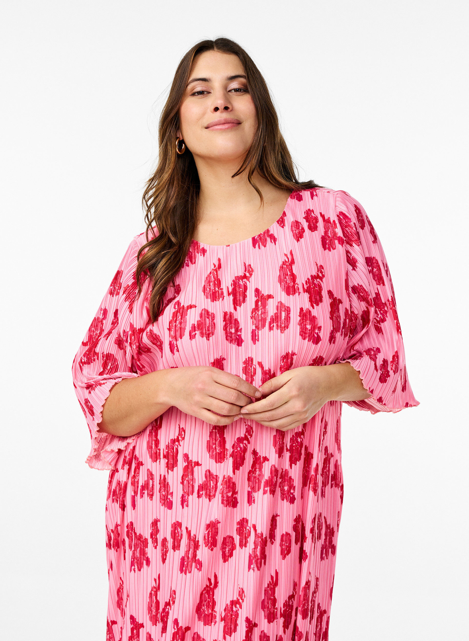 Zizzi Geplooide jurk met 3/4 mouwen, Roze, Model image number 2