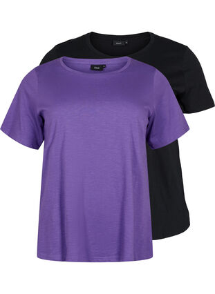 Set van 2 basic t-shirts in katoen, Deep Lavender/Black, Packshot image number 0