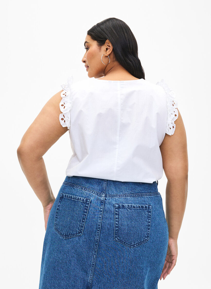 Mouwloze katoenen top met ruches, Wit, Model image number 2