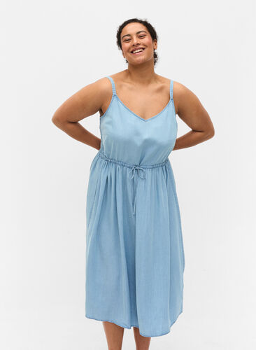 Midi-jurk met smokwerk en verstelbare taille, Light blue denim, Model image number 0