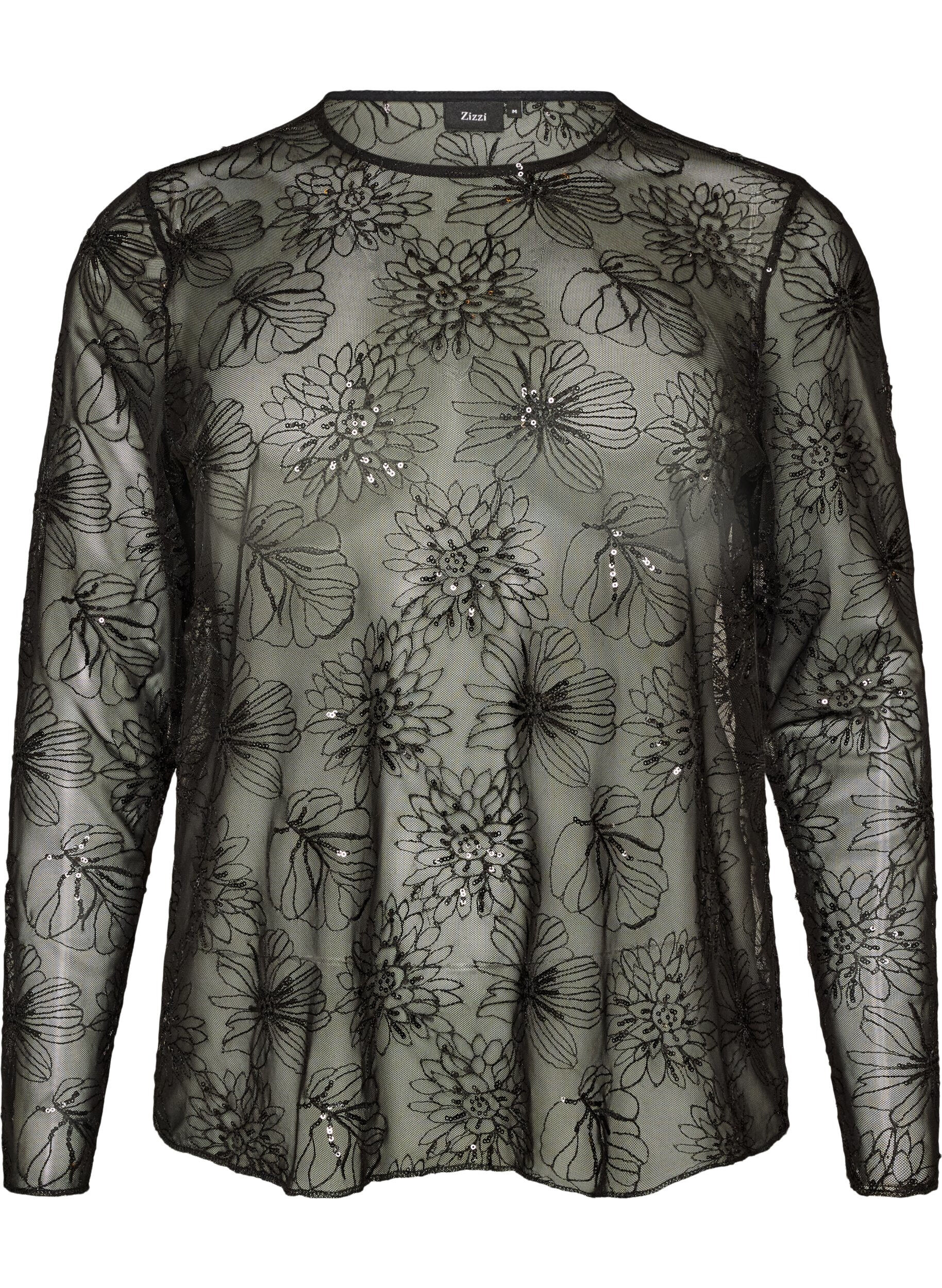 ZizziMesh blouse met bloemen en pailletten, Zwart, Packshot image number 0