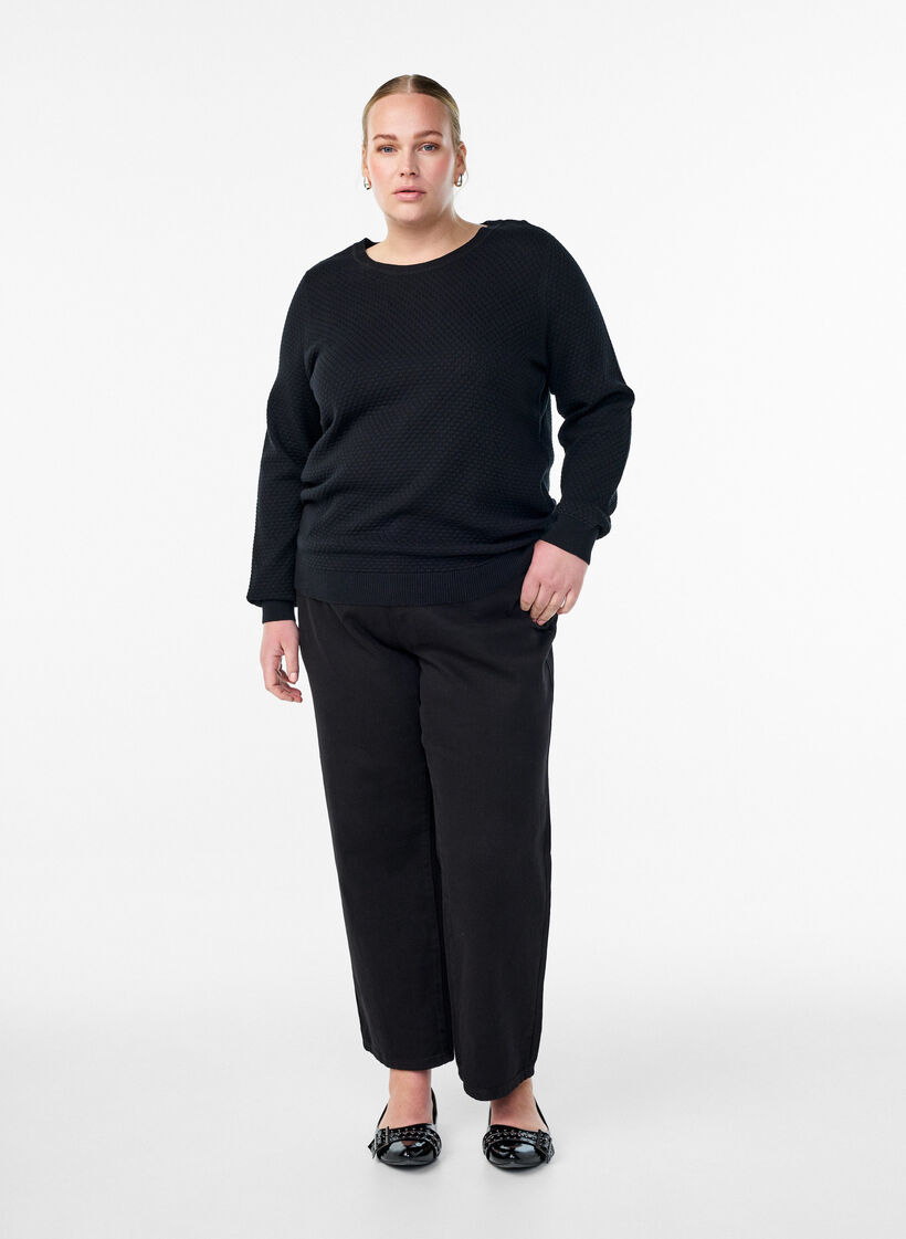 Gebreide blouse van katoen met structuurpatroon, Zwart, Model image number 1