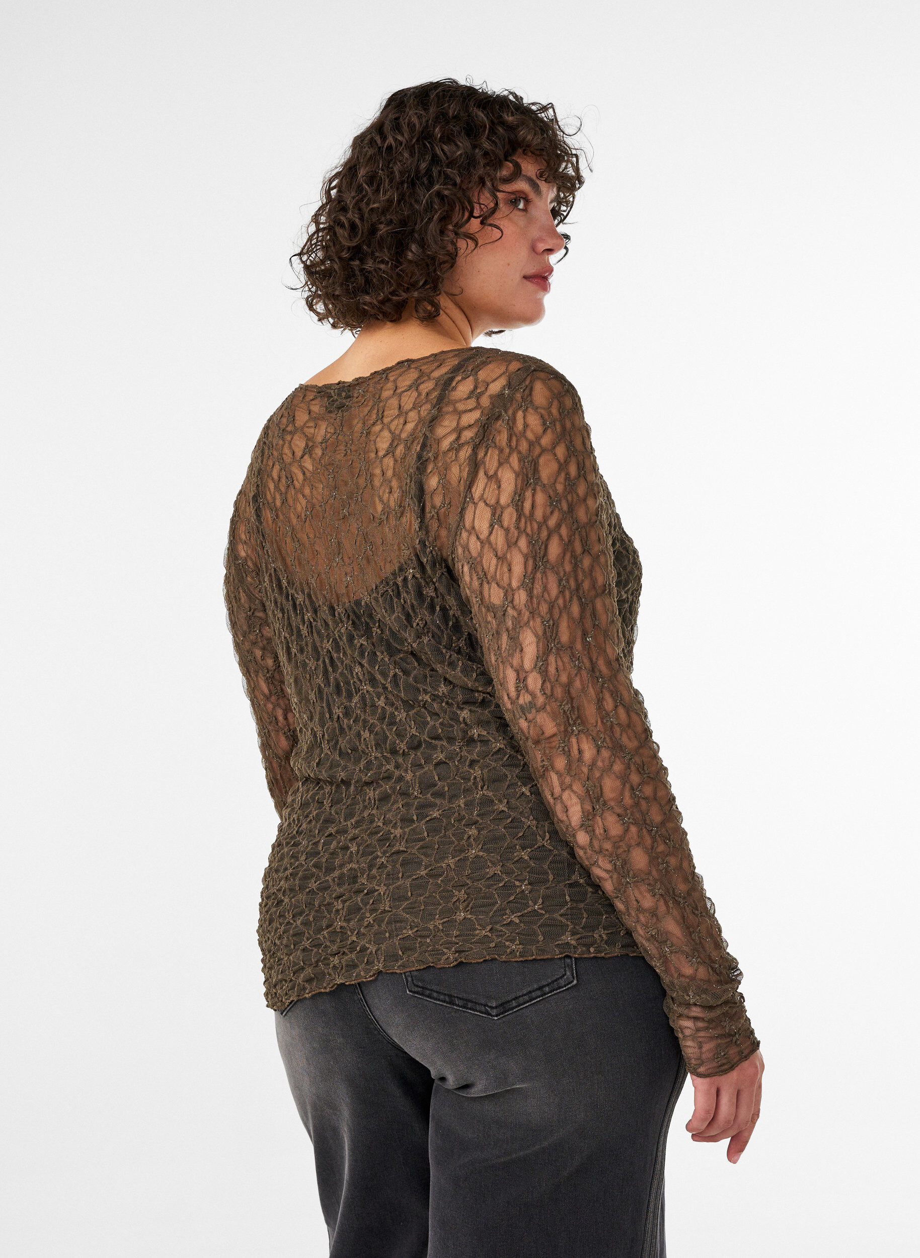 ZizziMesh blouse met patroon en glittergaren, Bruin, Model image number 2