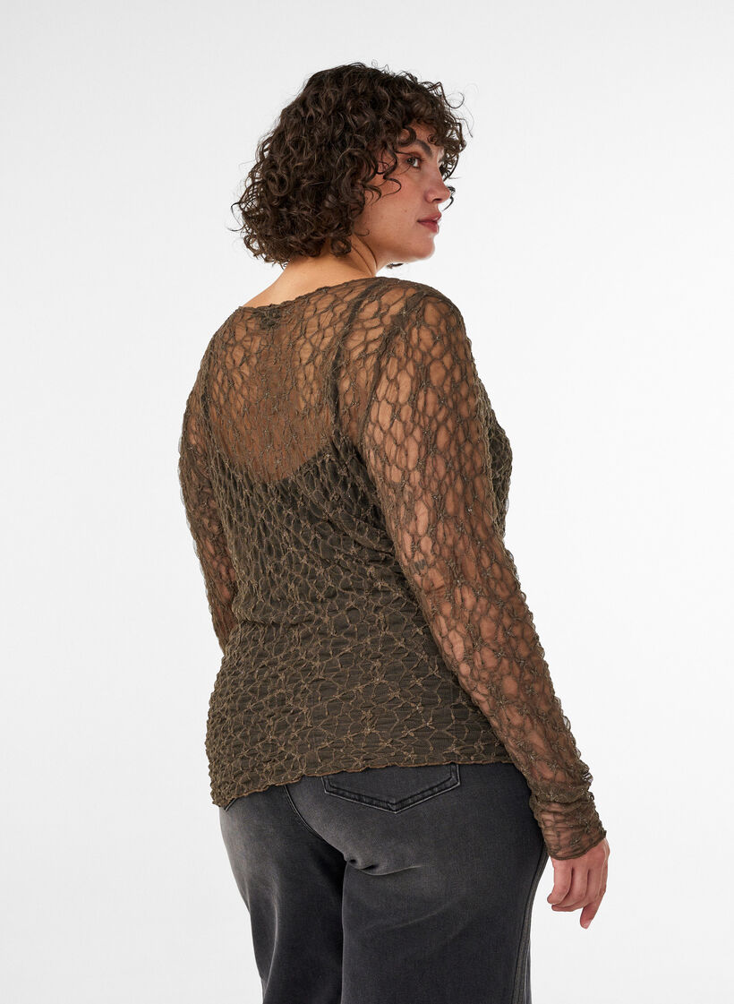 Mesh blouse met patroon en glittergaren, Bruin, Model image number 2