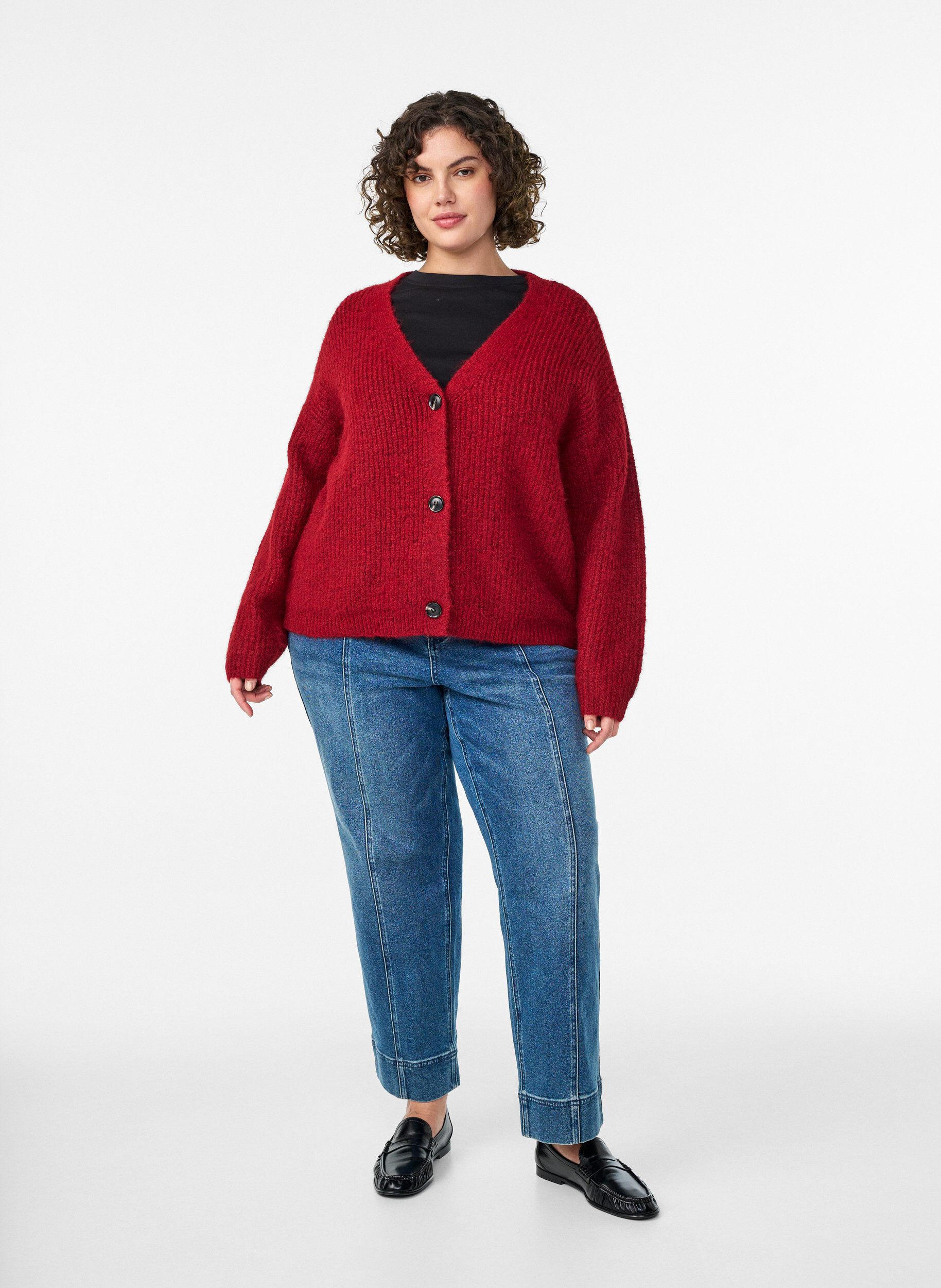 Zizzi V-hals cardigan van breisel, Rood, Model image number 1
