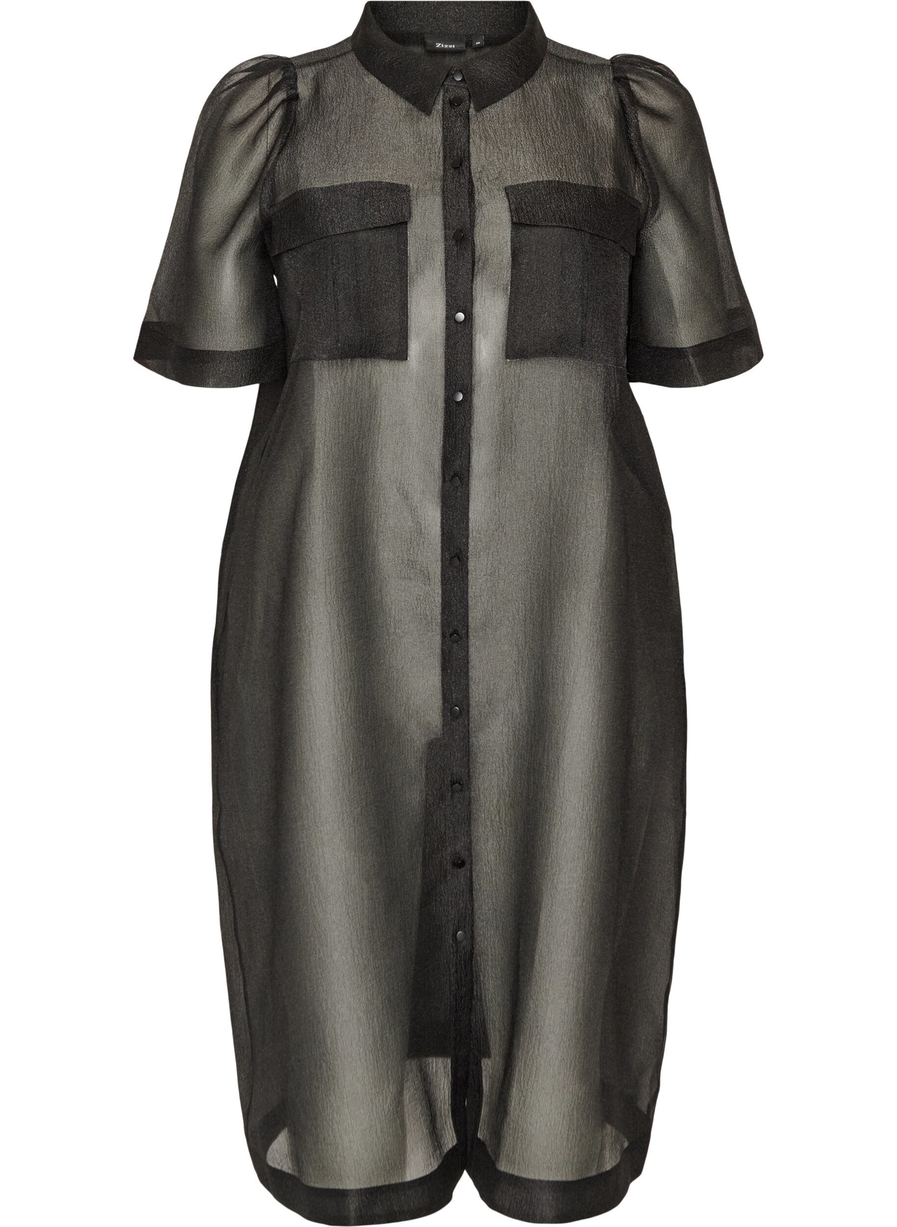 ZizziOrganza jurk met puffmouwen en borstzakken, Zwart, Packshot image number 0
